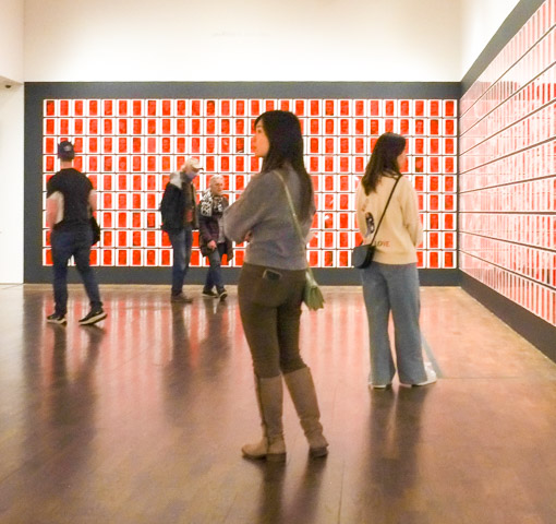 some people standing in front of, and looking at, an art piece of pictures on two sides of a corner, and a red phone in the middle Hey Hey Paula by Sarindar Dhaliwal