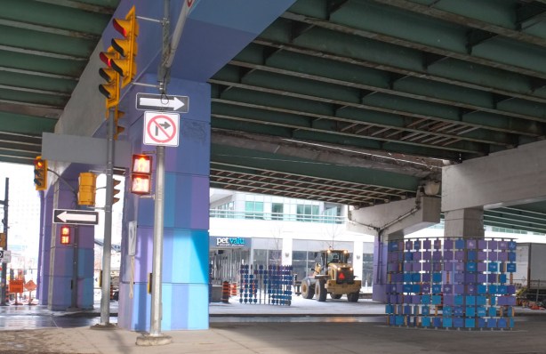 under the Gardiner, pillars painted blue and purple