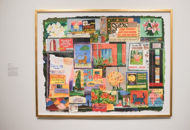 mixed media collage artwork by Sarindar Dhaliwal, lots of billboards and a tiger,