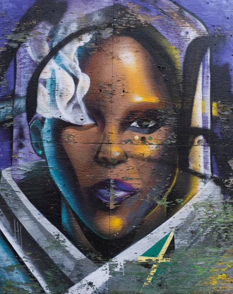 portrait of a Black woman, purple lips, Jamaican flag under her 