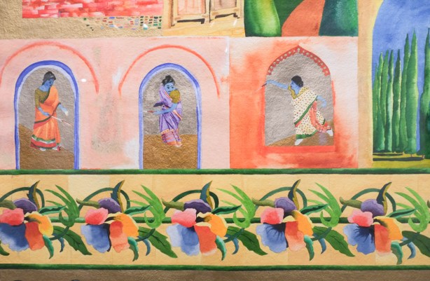 part of a mixed media collage, pictures of women as seen out a window, plus a line of flowers, the work is "At Badminton"