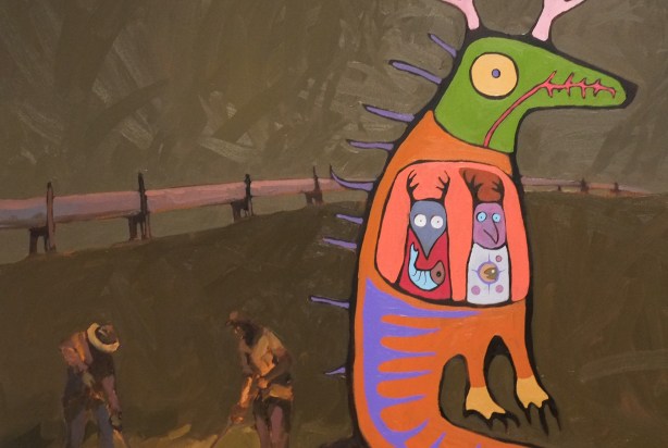 painting by Travis Shilling, men digging for a pipeline, orange green and purple dinosaur