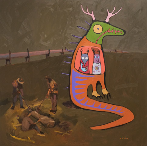 painting by Travis Shilling, men digging for a pipeline