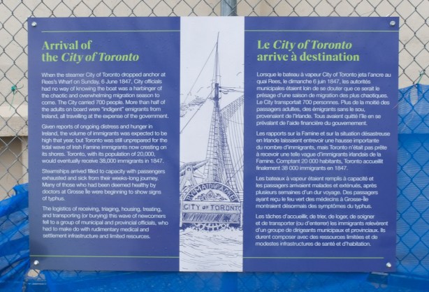 sign half in English and half in French that tells the story of the ship called The City of Toronto that brought irish immigrants to Canada in 1847.