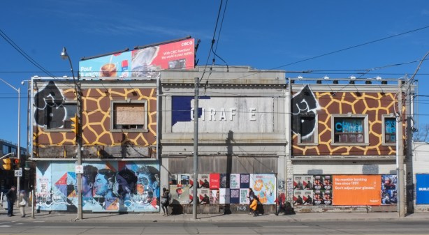 along Dundas West, east side of giraffe building, 