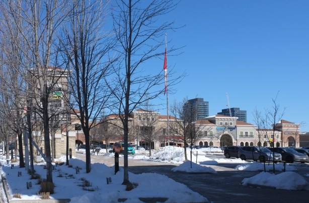 shopping complex on laird, parking lot, big box stores, in winter,