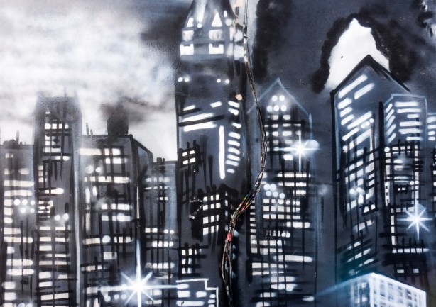 part of a mural, night scene, city, highrises with lights on, in black and white