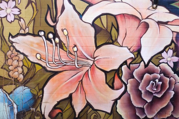 pinkish peach colour lily painted on a wall in an alley, also a purple rose in the painting