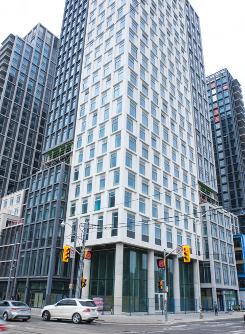 southwest corner of Bloor and Bathurst, tall glass and steel condo buildings