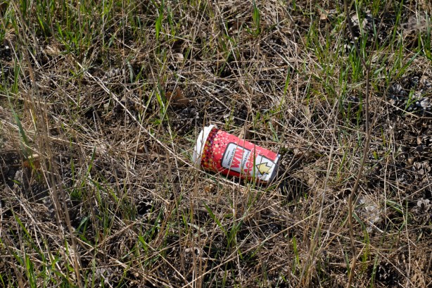 tims cup with roll up the rim to win, lying on the grass, thrown away