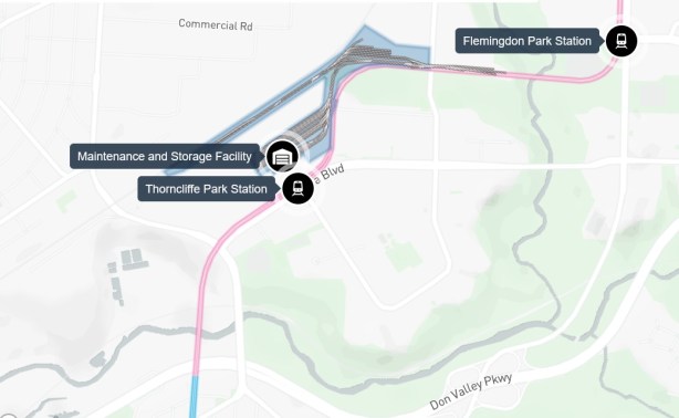 map showing location of Thorncliffe and Flemingdon Metrolinx stations