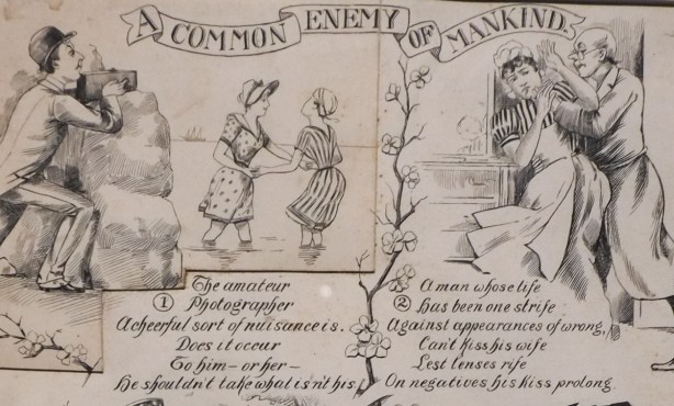 part of an ink drawing by Fun and Borckman from about 1895 on the etiquette of photography, a common enemy of mankind