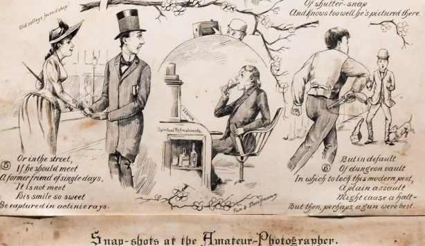 bottom panel of drawings, a common enemy of mankind, with bottom title of Snap-Shots at the Amateur Photographer, about 1895 by Fun and Borckmann