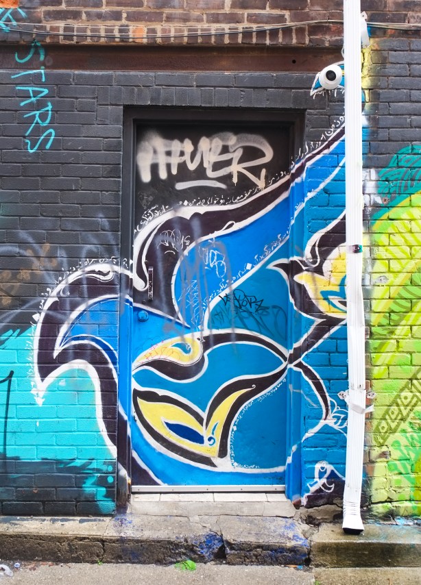 graffiti on a door in an alley, shape of a large blue bird in profile