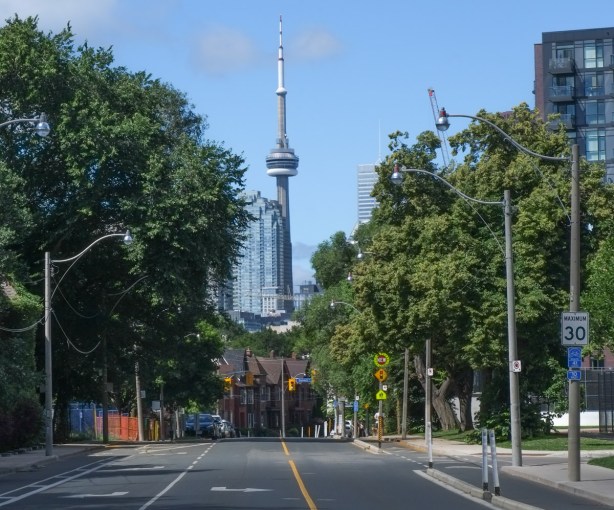 looking west on Shuter street from River street, with cn tower in the distance