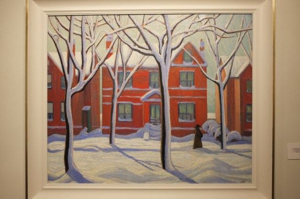 painting of a city street in winter, snow covered leafless trees, a red brick house, painting by Lawren Harris of the Group of Seven