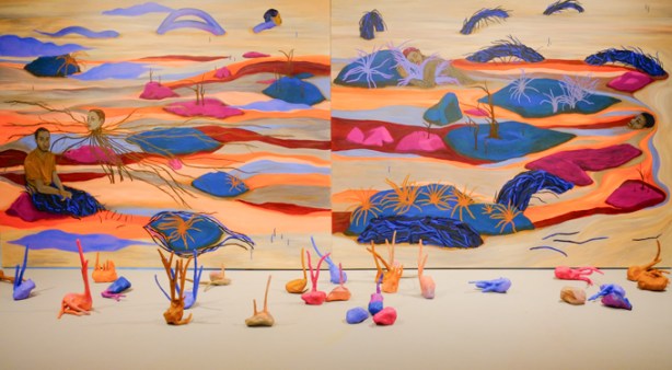 All Islands Touch, a large art installation by Tessa Mars at Collision Gallery, painting of islands with people's heads, small sculptures on the ground in front, look like fingers growing out of coloured rocks