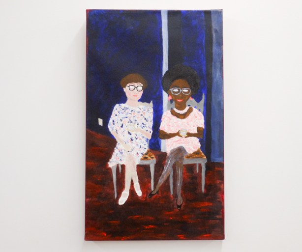 painting in an art gallery, pair of women, sitting on chairs, one white woman and one black woman, both in dresses, blue curtain behind them