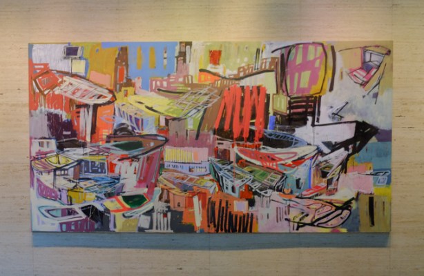 abstract painting, large, by Denyse Thomasos, hanging in lobby of a downtown bank office tower