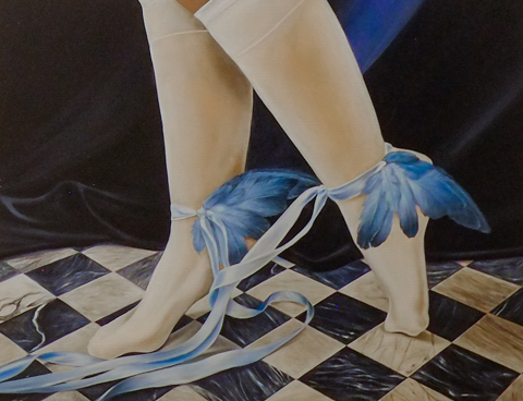Emily Pope painting of two feet in white sheer stockings, with blue feathers tied around the ankles, on a black and white checkered floor