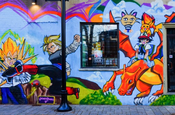 mural on the side of 401 Games store, pokemon and other anime characters, 