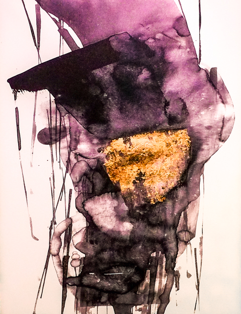 abstract painting in mostly purple and black on white