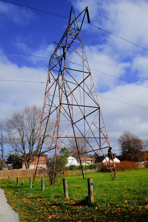 transmission tower on hydro corridor, some houses in the background