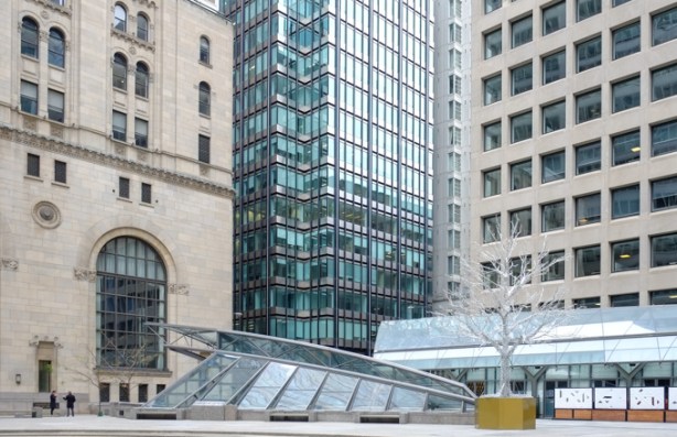 open area behind commerce court west, old Commerce Court building, newer skyscrapers, a tree made of lights, white lights, as Christmas decoration in in the space