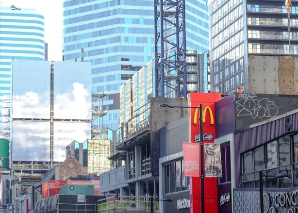 upper levels of buildings on west side of yonge, just north of dundas, includingmcdonalds, 