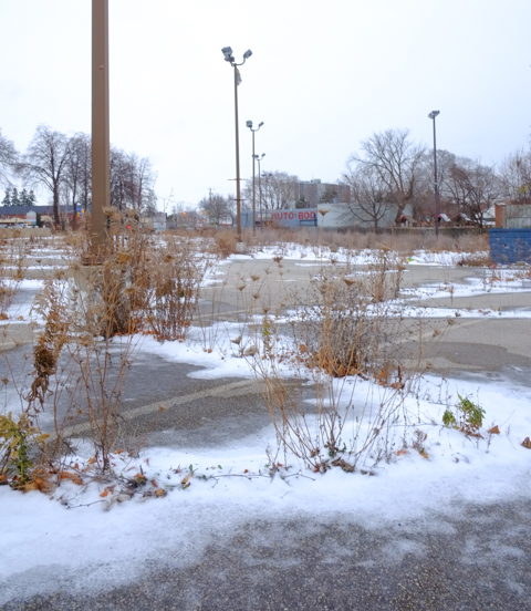 old light standards stand tall in a weedy snowy empty parking lot