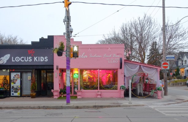 exterior of restaurant, painted pink
