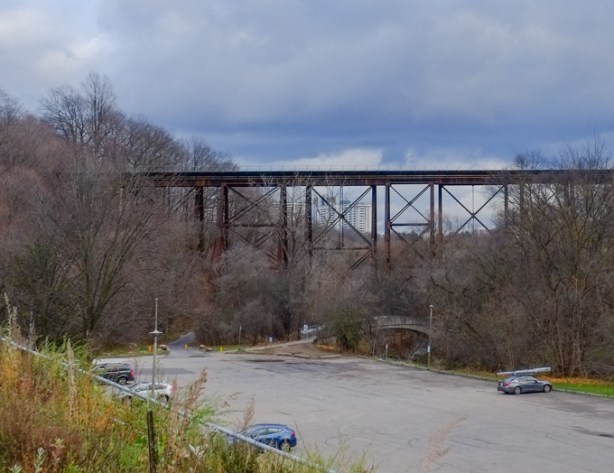 looking south from Eglinton towards thorncliffe trestle bridge, wilket creek park, and ravine system, 