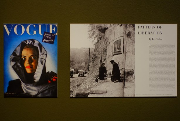 two photos, on left is a cover of vogue magazine from 1945, a woman in a head scarf, with bright red lipstick, on right a large photo of a recently liberated part of Europe and an article describing the liberation 