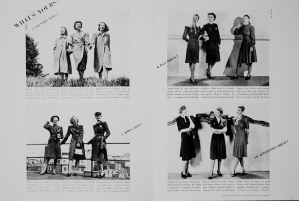 double page spread in Vogue magazine showing three women in each of four photos with different kinds of coats