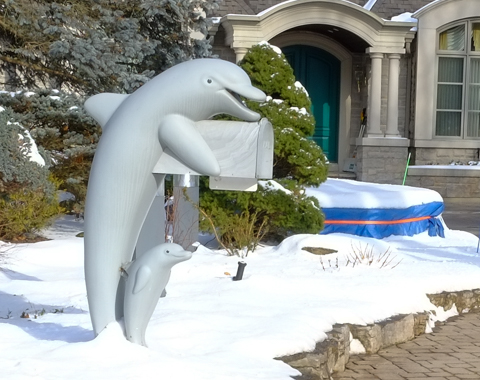 in front of a house, a mailbox that looks like a dolphin is holding it up, smaller baby dolphin sits at parent's feet