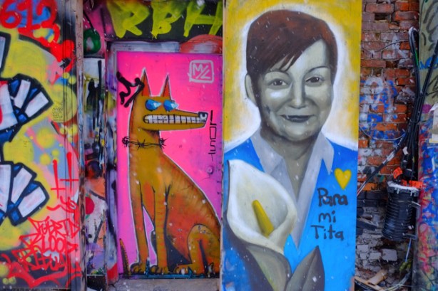mr myl street art painting in graffiti alley, on bright pink background, an orange and yellow dog with log snout and orange teeth, small ears, sitting position, beside a portrait of a woman holding a large calla lily, with text 
