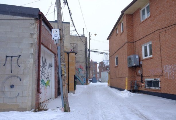 snowy lane, in winter, many garages, 