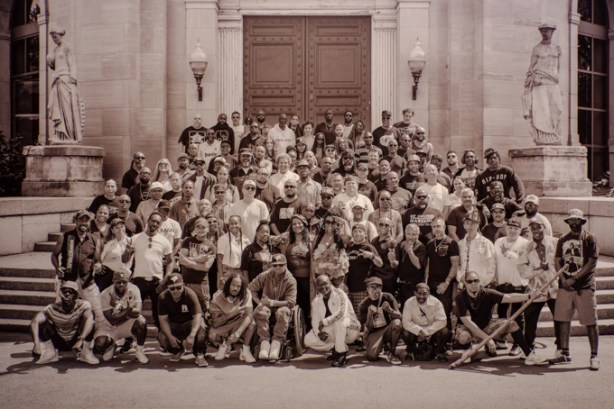 black and white group shot of a lot of people on outdoor steps, 103 people associated with hip hop in toronto, on the steps of the Liberty Grand Entertainment place