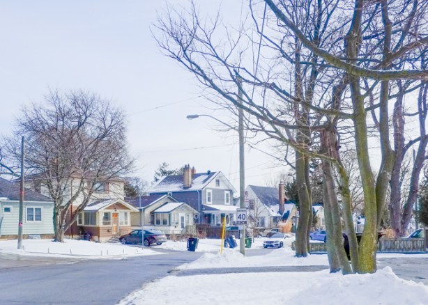 winter street scene in Scarborough, single family homes,