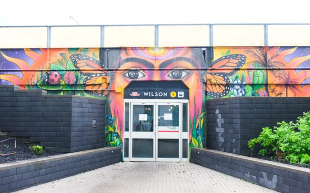 clandestinos, or shalak attack, mural of a woman's face with butterflies and flowers, surrounding one of the double doors, entrance to wilson subway station