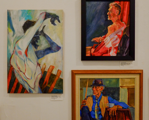 three brightly coloured paintings, on gallery wall, gallery 1313, all three are portraits