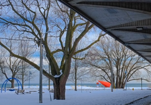 orange megaphone shape, winter stations, art installation, snowy beach, large trees in foreground