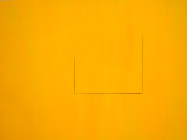 Robert Motherwell painting, orange, with three thin black lines, like an unfinished square, top open