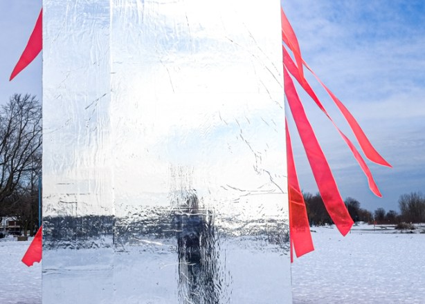 art installation at woodbine beach, silver reflective wall
