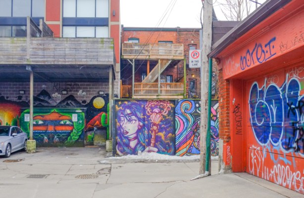 murals in an alley, a garage painted all orange, paintings on fence, face and cacti painted in side a car port under an apartment