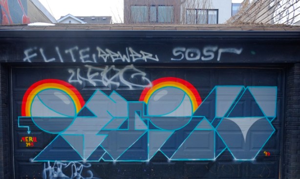 on a garage in an alley, painting by artist called peru, 