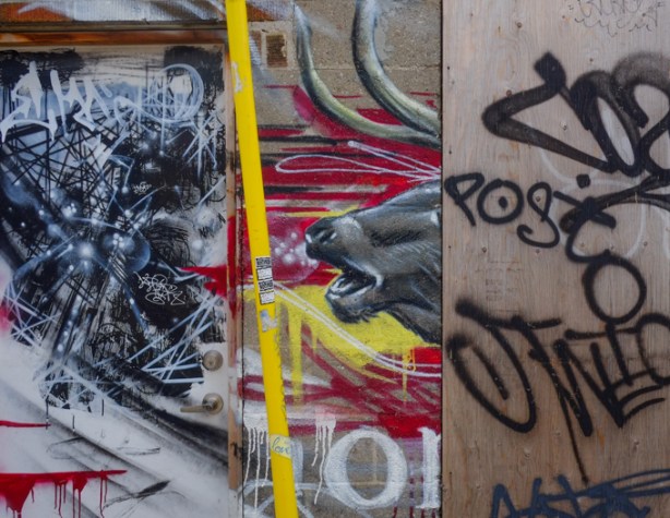 old street art painting of a moose partially covered with pywood