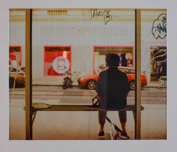 colour photo, man sitting on bench with back to camera, street scene in front of him