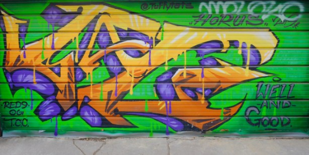 street art on a garage door in an alley by horus