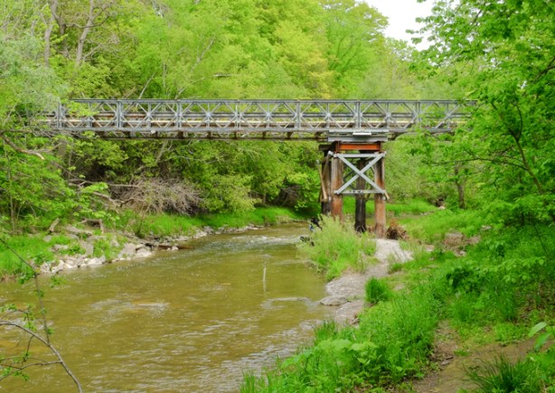 small bailey bridge over the rouge river, brownish water underneath, lots of green tree around
